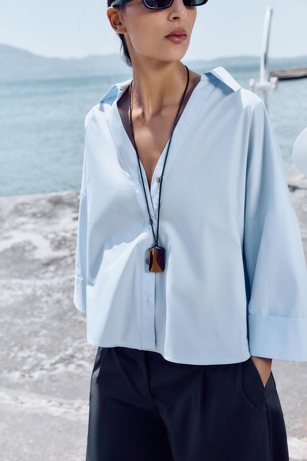 CHEMISE EN POPELINE À MANCHES LARGES