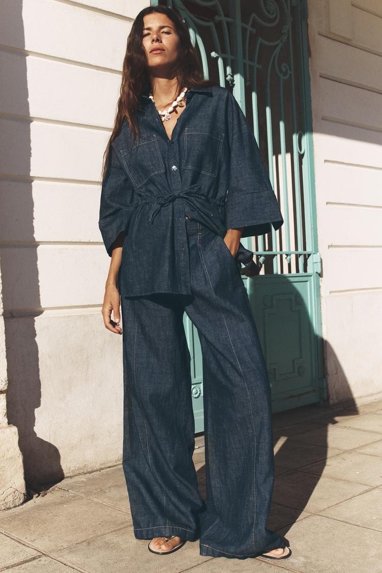 ENSEMBLE CHEMISE À CORDONS AVEC LIN | PANTALON À JAMBES LARGES