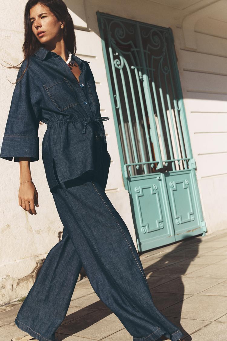 ENSEMBLE CHEMISE À CORDONS AVEC LIN | PANTALON À JAMBES LARGES