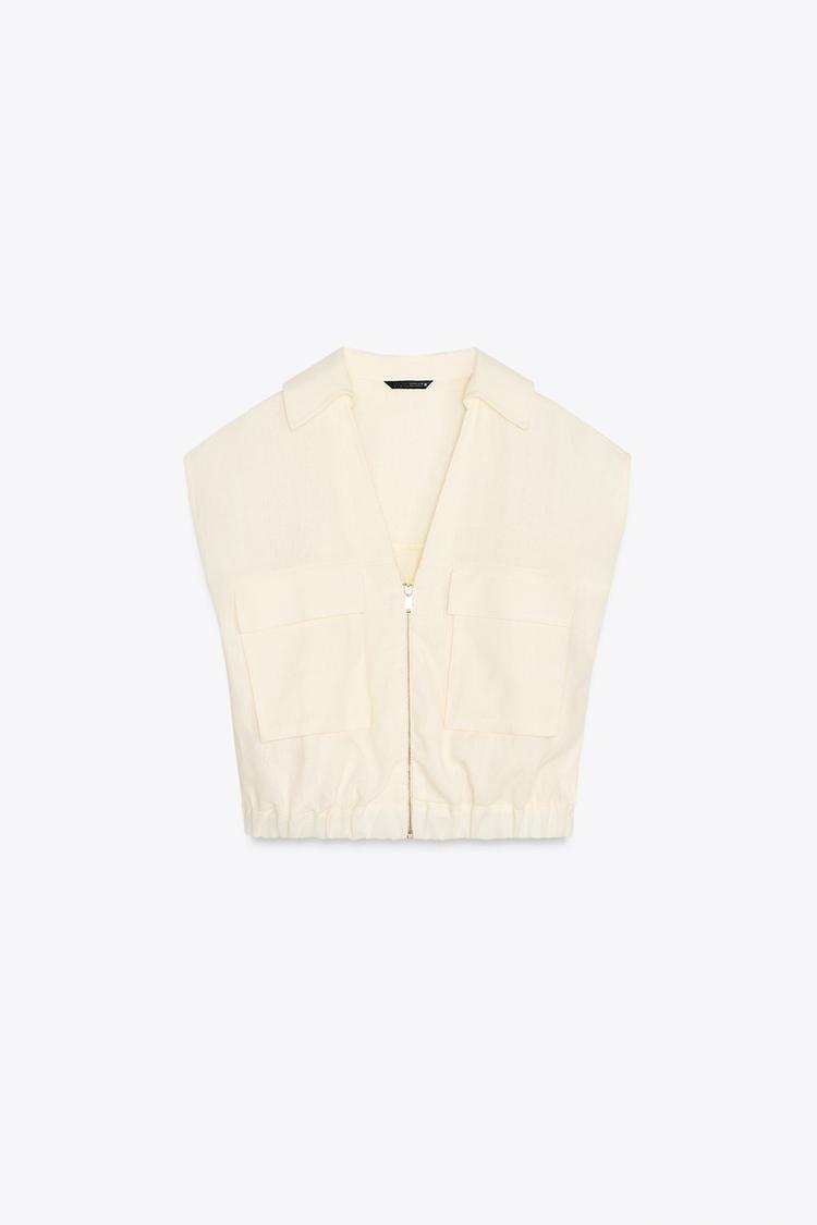 LINEN BLEND TOP WITH ELASTICATED HEM