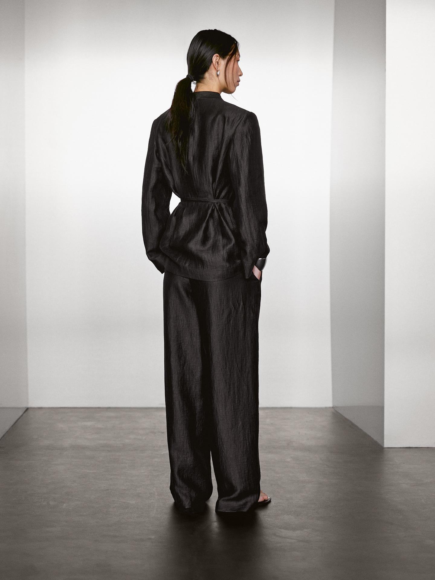 MASSIMO DUTTI PANTALON PALAZZO À PINCES EN LIN MÉLANGÉ