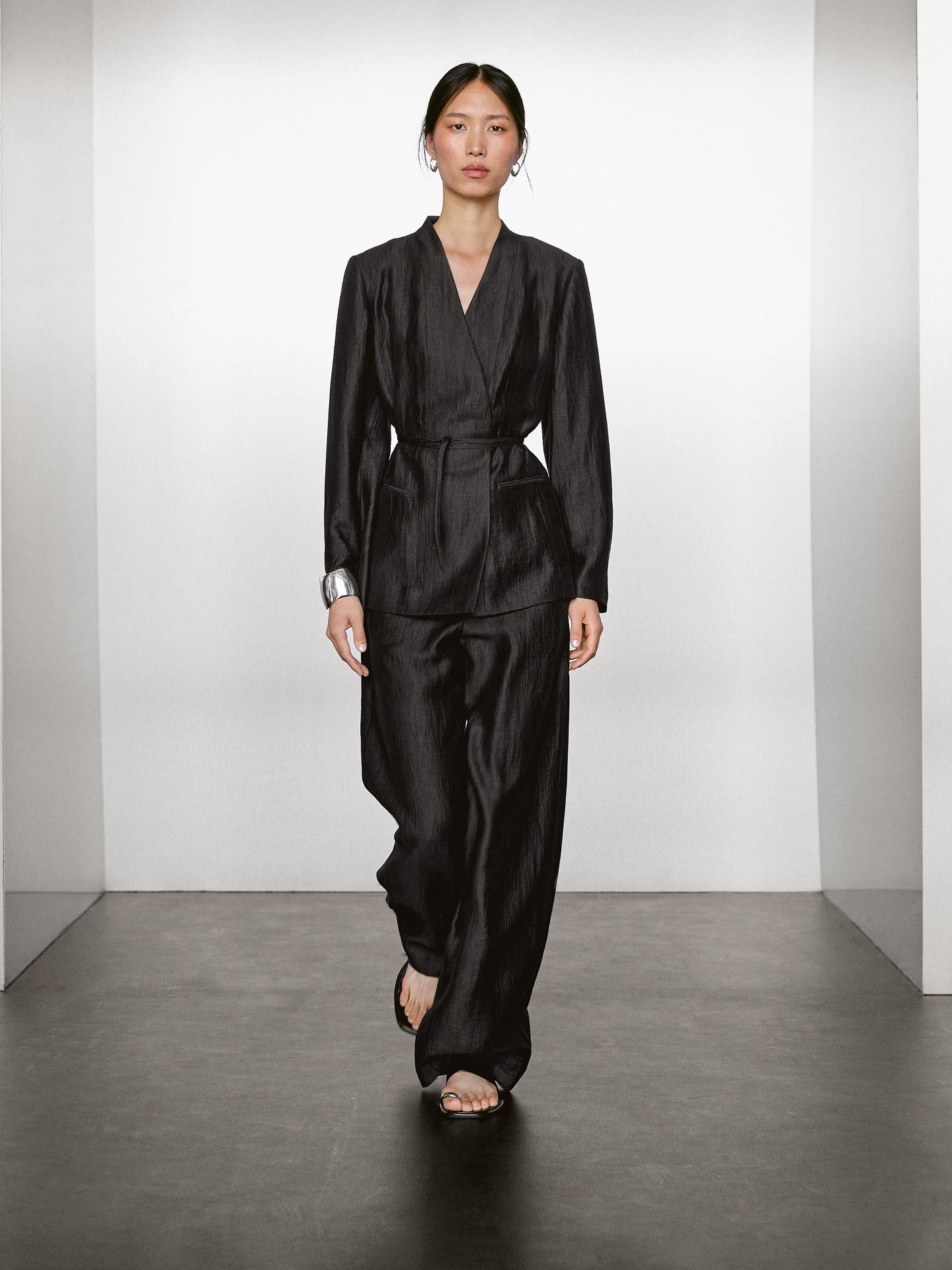 MASSIMO DUTTI PANTALON PALAZZO À PINCES EN LIN MÉLANGÉ