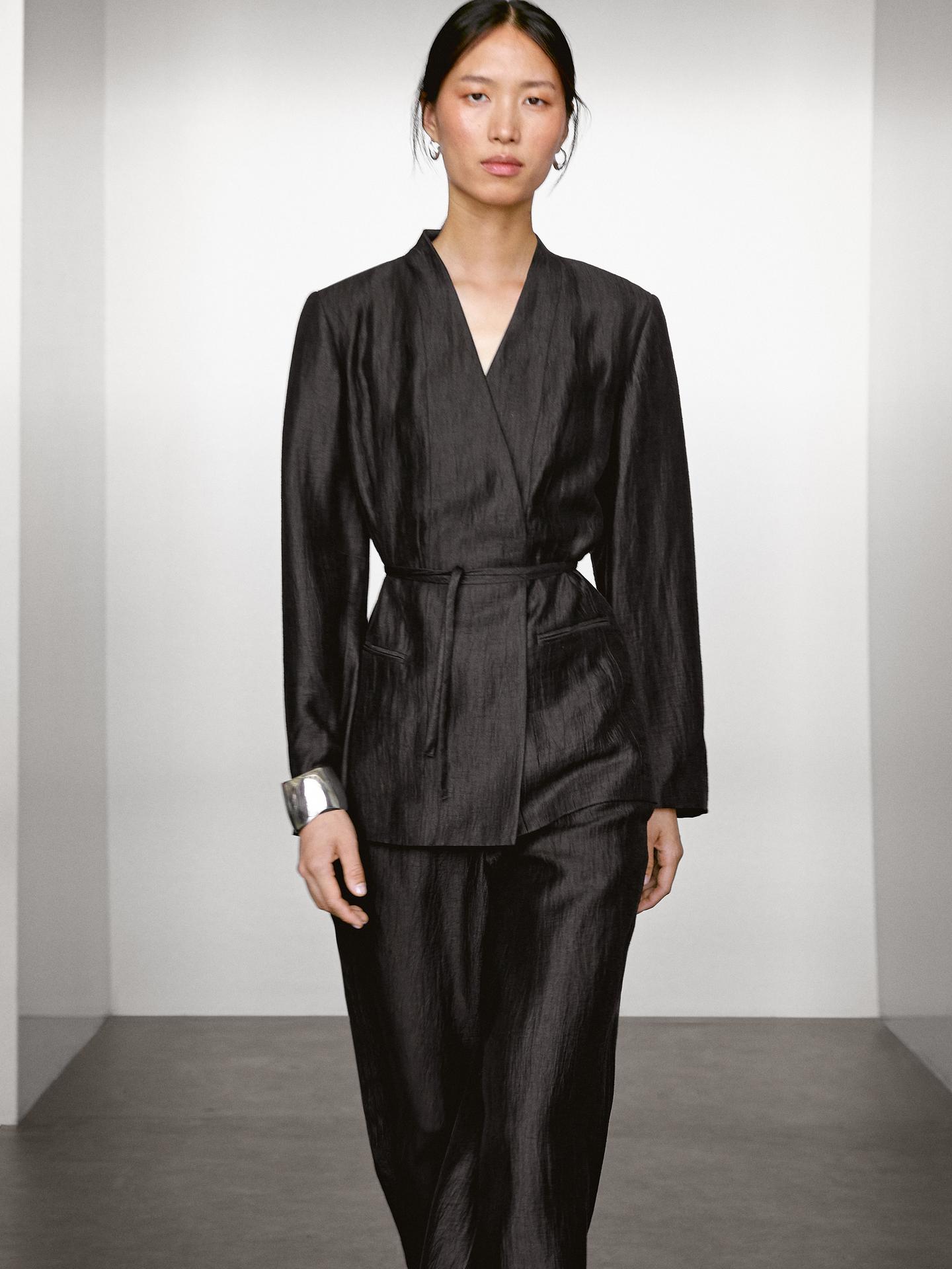 MASSIMO DUTTI PANTALON PALAZZO À PINCES EN LIN MÉLANGÉ