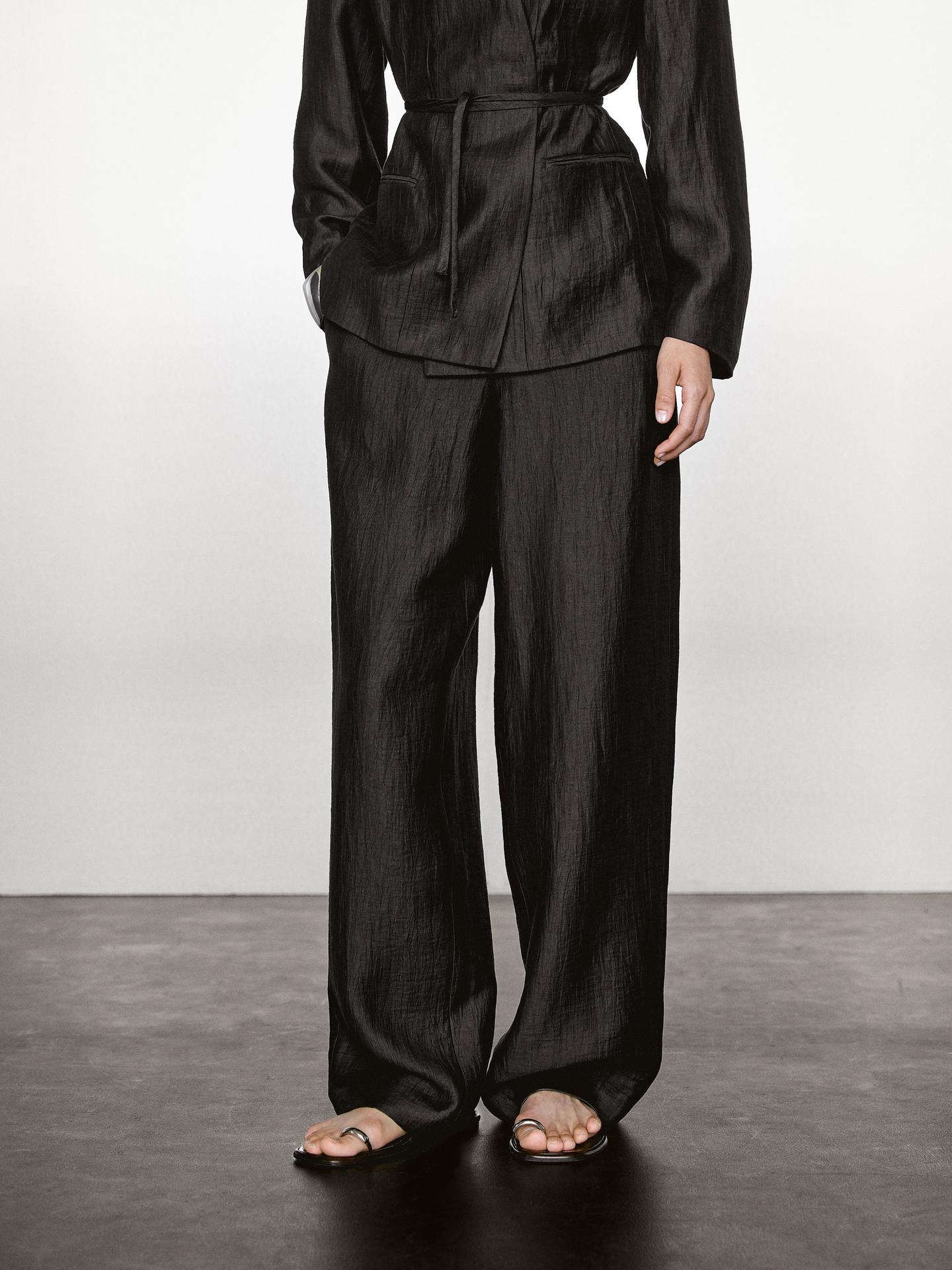 MASSIMO DUTTI PANTALON PALAZZO À PINCES EN LIN MÉLANGÉ