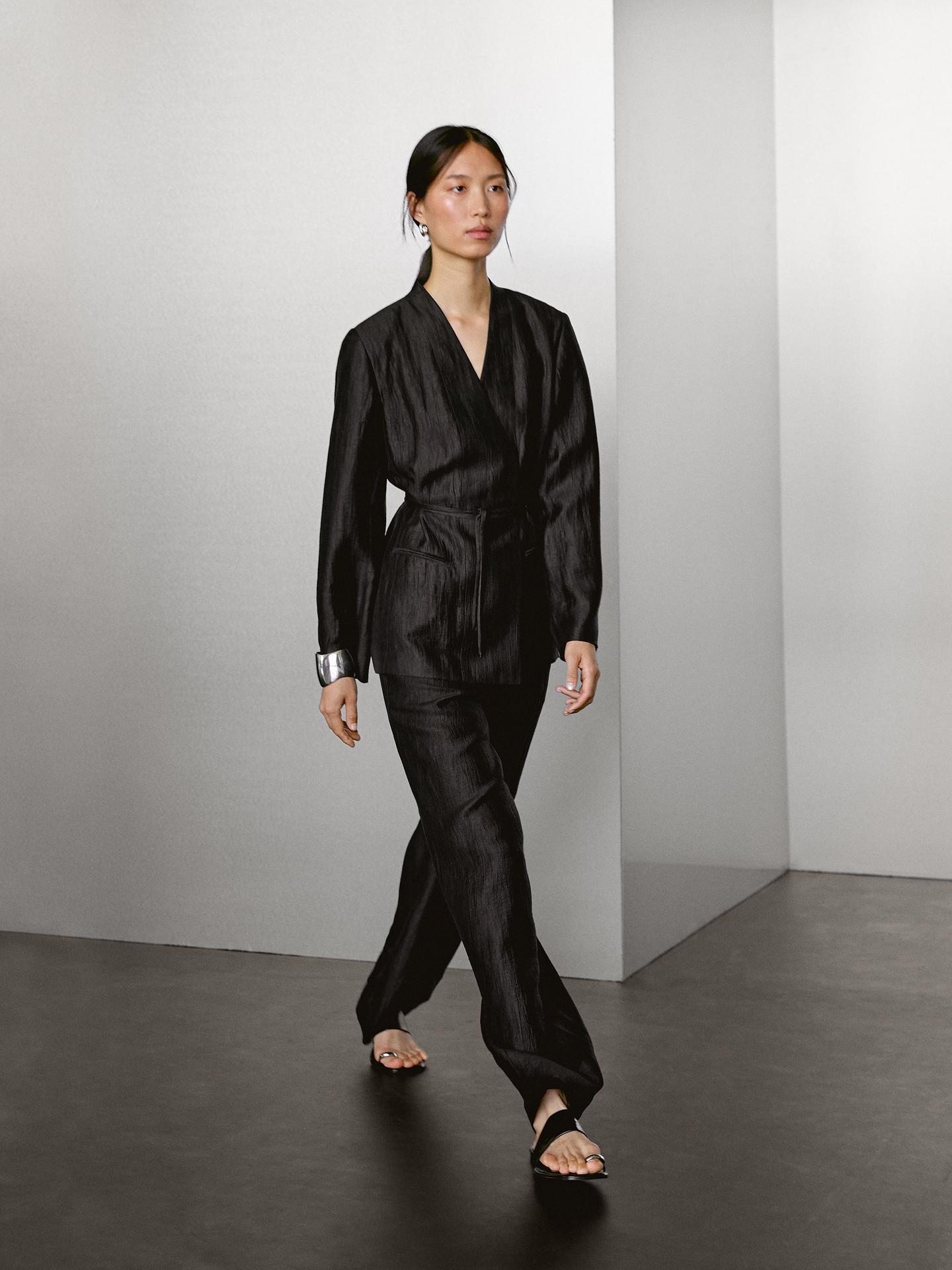 MASSIMO DUTTI PANTALON PALAZZO À PINCES EN LIN MÉLANGÉ