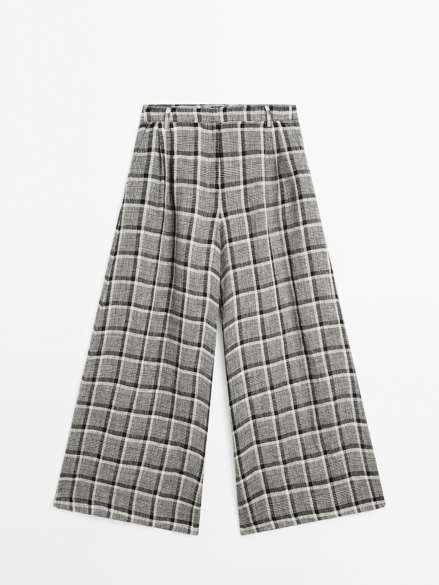 MASSIMO DUTTI PANTALON PALAZZO À CARREAUX 100 % LIN