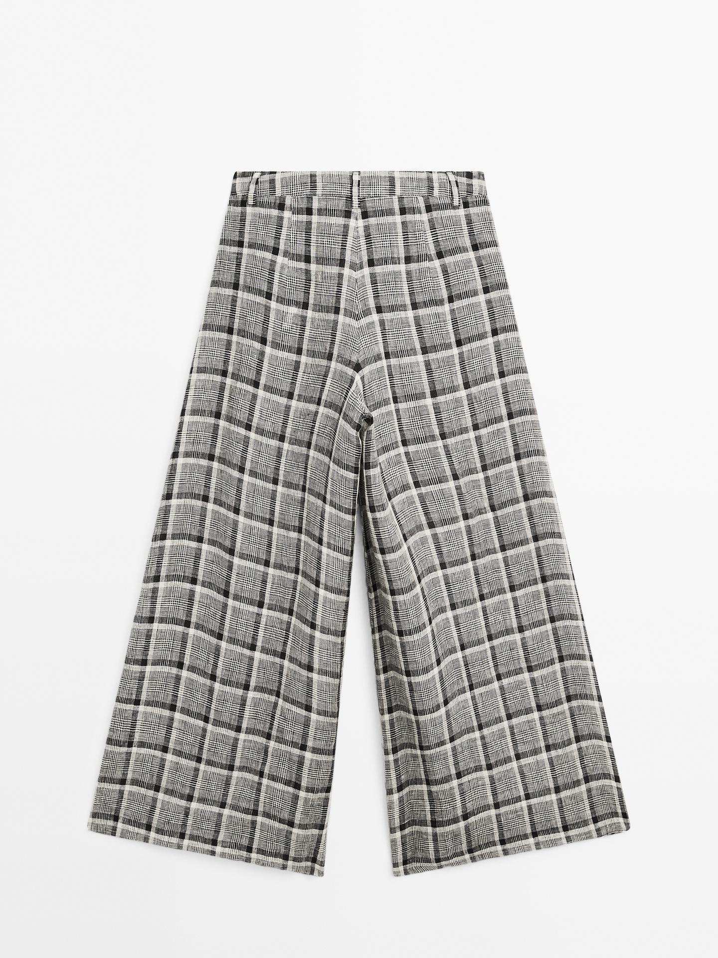 MASSIMO DUTTI PANTALON PALAZZO À CARREAUX 100 % LIN