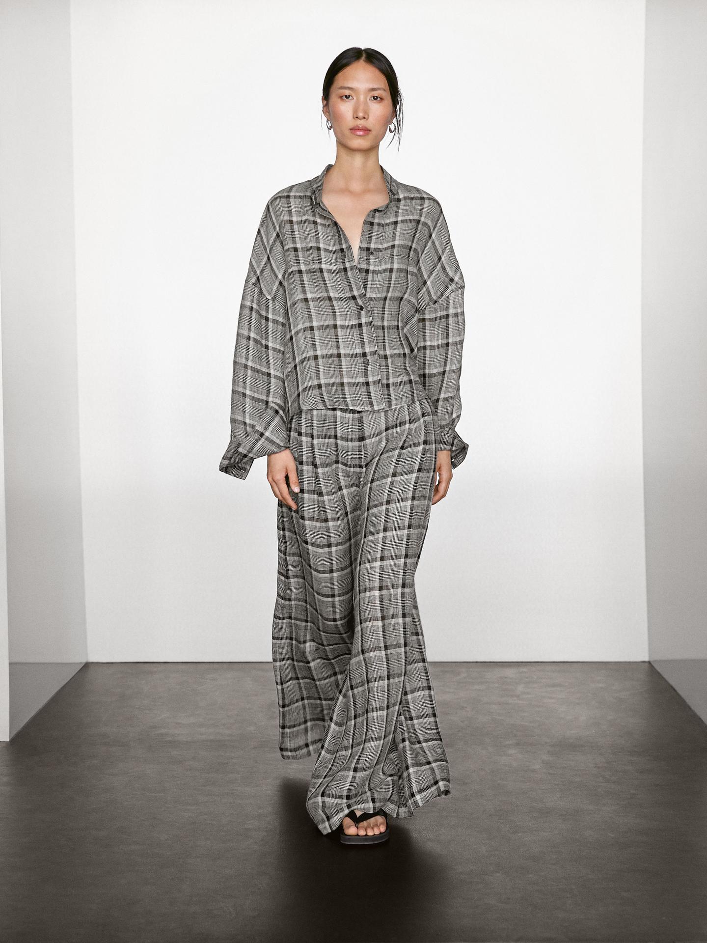 MASSIMO DUTTI PANTALON PALAZZO À CARREAUX 100 % LIN