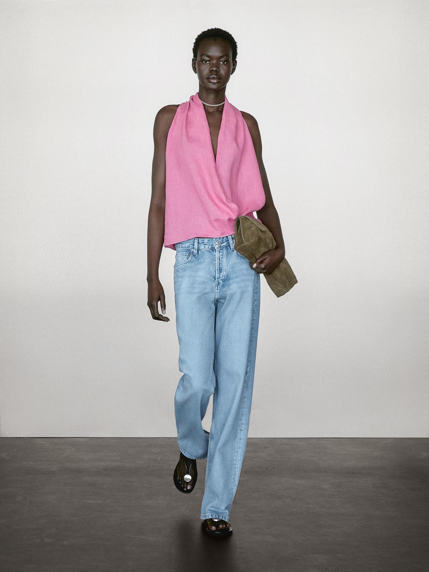MASSIMO DUTTI TOP CACHE-COEUR LIN À ENCOLURE AMÉRICAINE