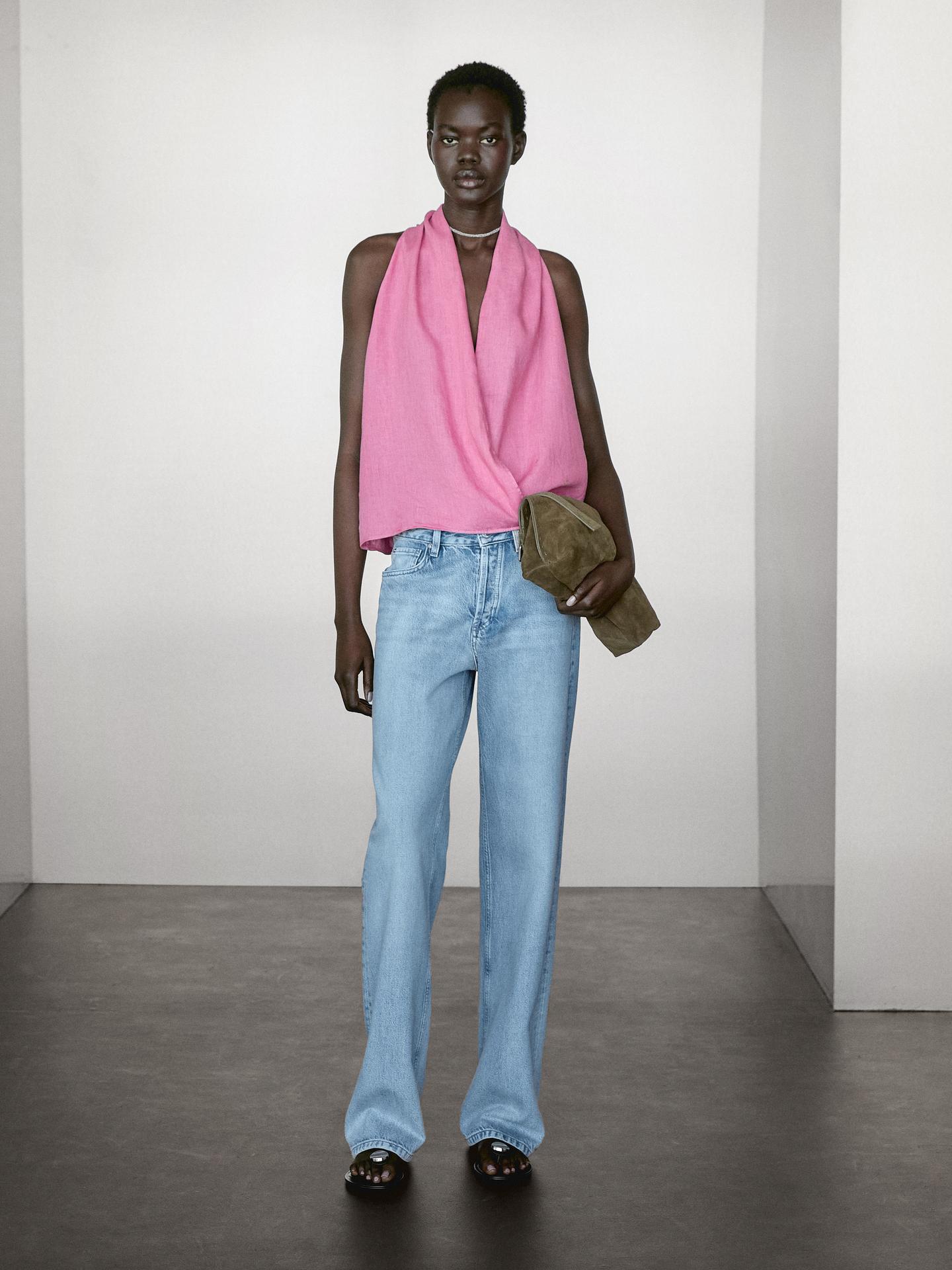 MASSIMO DUTTI TOP CACHE-COEUR LIN À ENCOLURE AMÉRICAINE