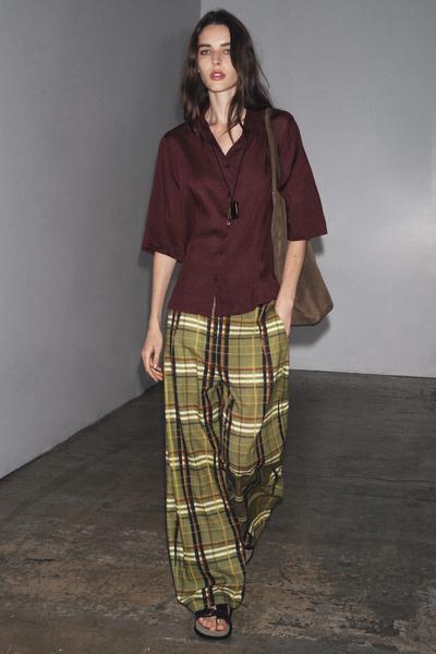 PANTALON À CARREAUX AVEC LIN ZW COLLECTION