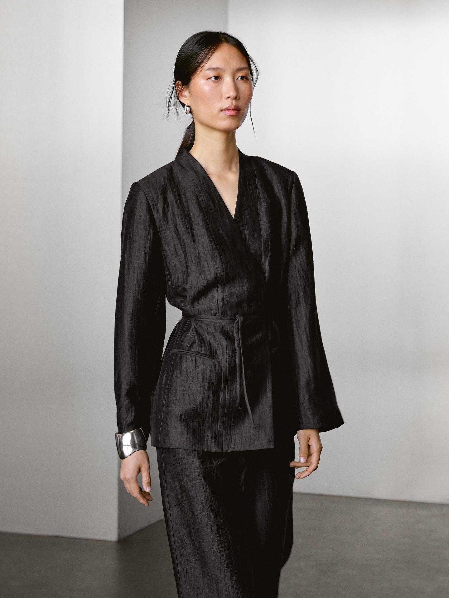 MASSIMO DUTTI PANTALON PALAZZO À PINCES EN LIN MÉLANGÉ