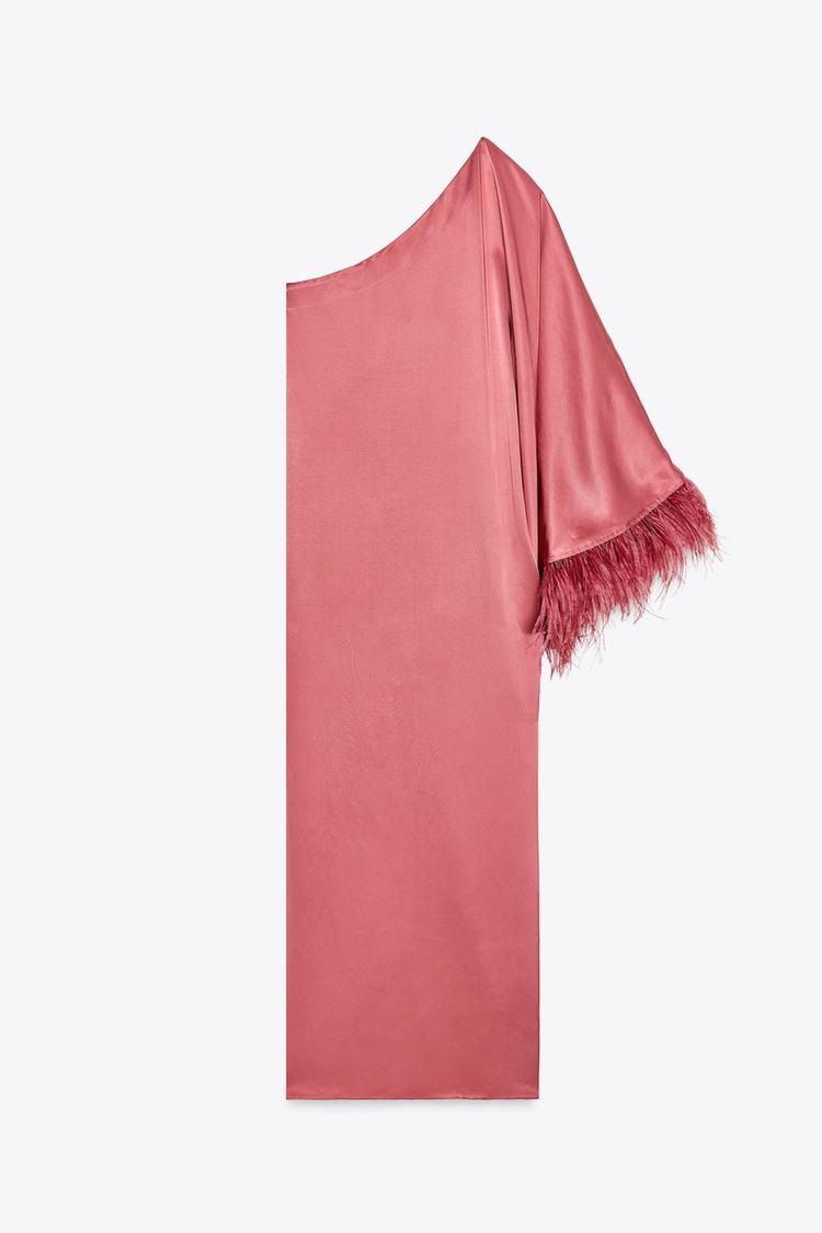 Feathered Satin Long Dress