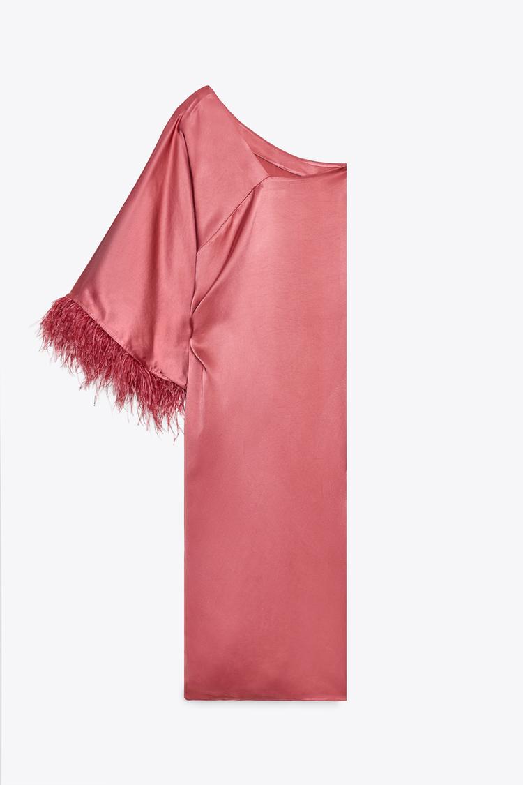 Feathered Satin Long Dress