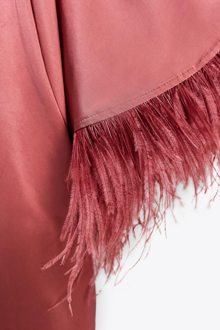 Feathered Satin Long Dress