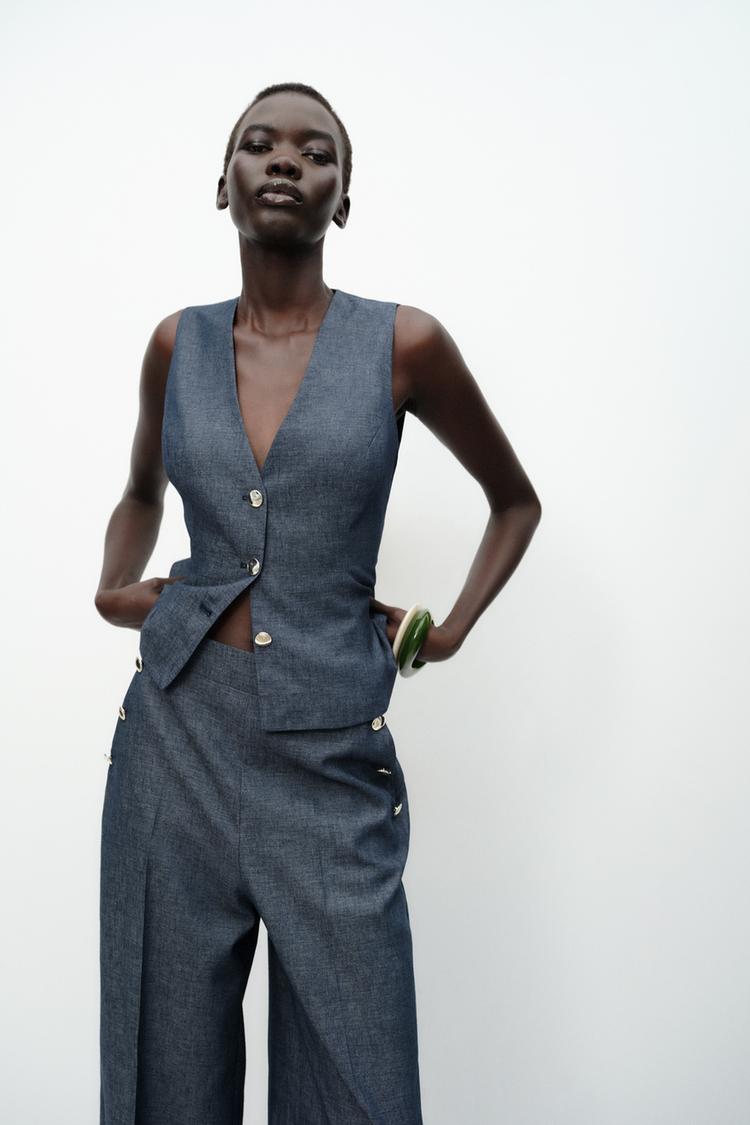 PANTALON LARGE À BOUTONS AVEC LIN