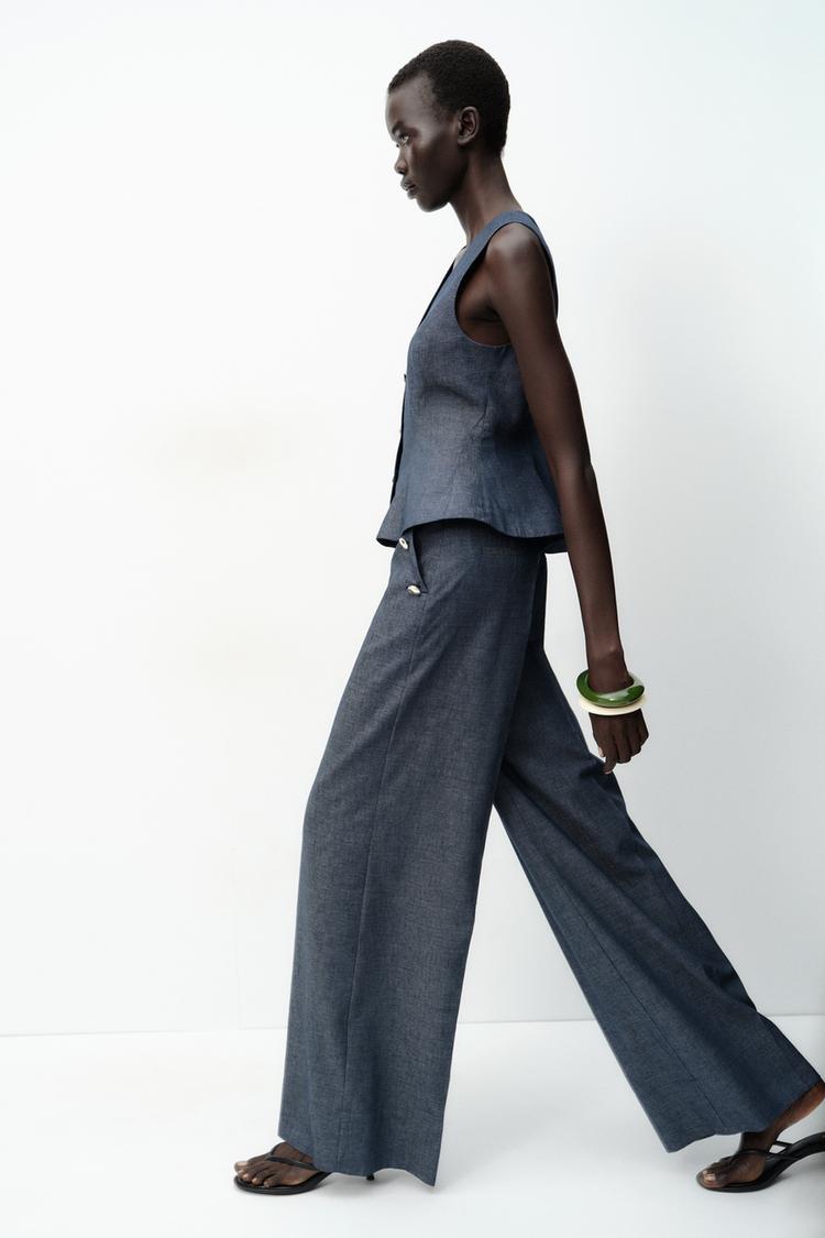 PANTALON LARGE À BOUTONS AVEC LIN