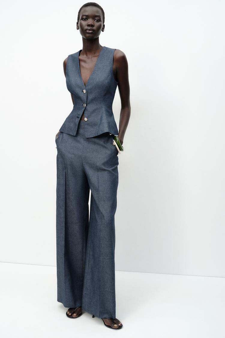 PANTALON LARGE À BOUTONS AVEC LIN