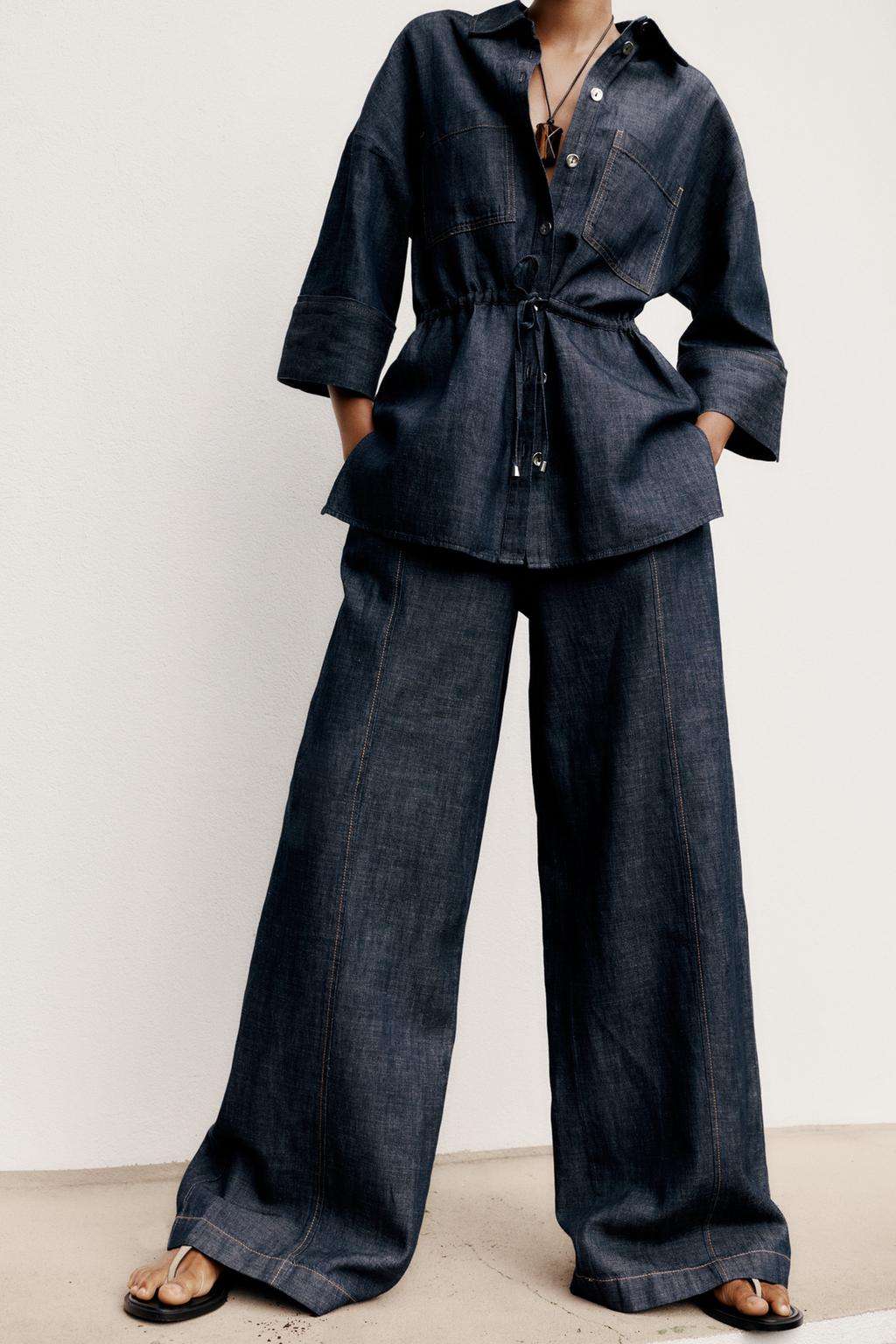 ENSEMBLE CHEMISE À CORDONS AVEC LIN | PANTALON À JAMBES LARGES
