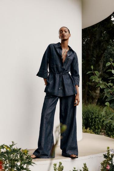 ENSEMBLE CHEMISE À CORDONS AVEC LIN | PANTALON À JAMBES LARGES