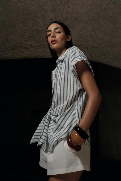 CHEMISE À RAYURES NŒUD AVEC LIN