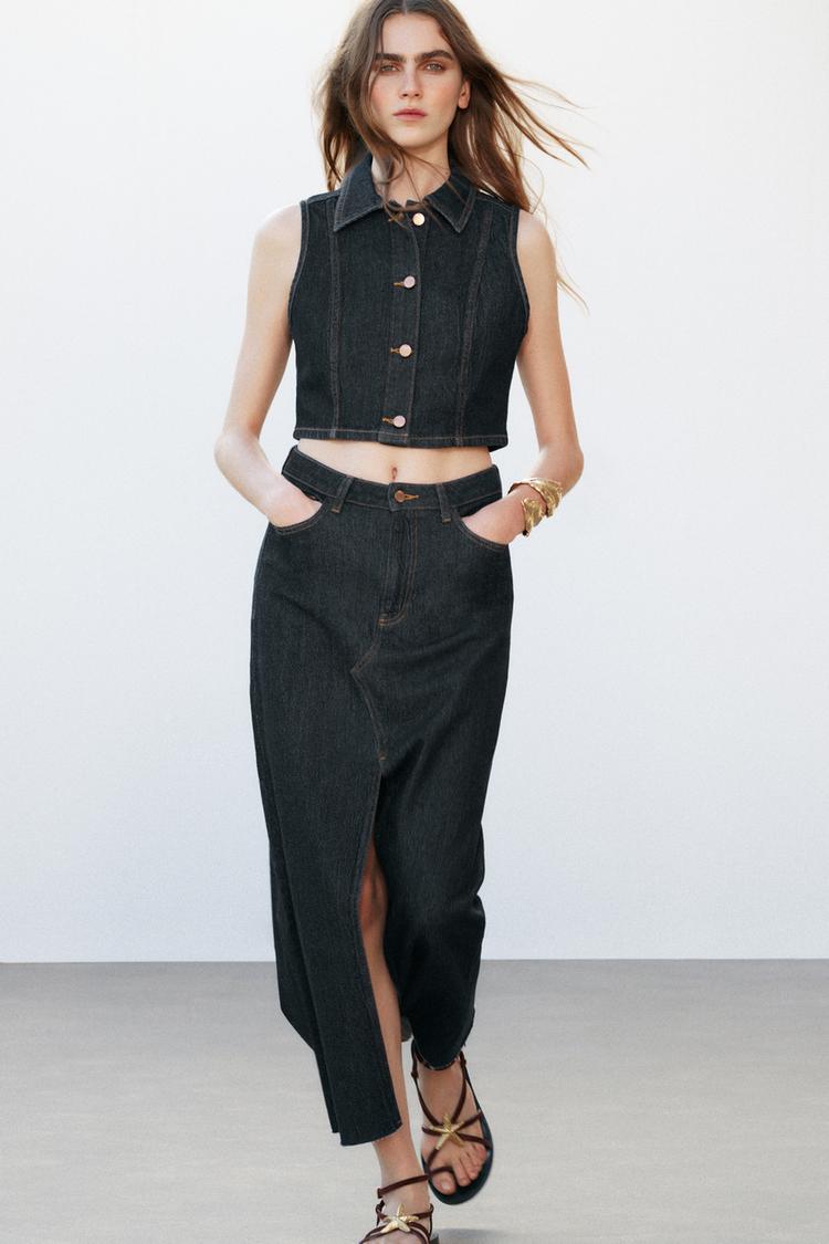 ENSEMBLE GILET SANS MANCHES Z1975 COURT EN DENIM | JEAN Z1975 BOOTCUT TAILLE HAUTE AVEC CEINTURE