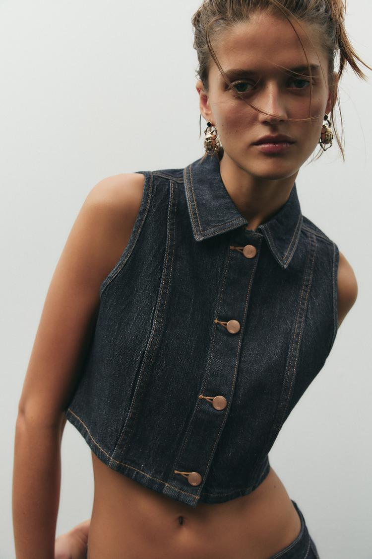 ENSEMBLE GILET SANS MANCHES Z1975 COURT EN DENIM | JEAN Z1975 BOOTCUT TAILLE HAUTE AVEC CEINTURE