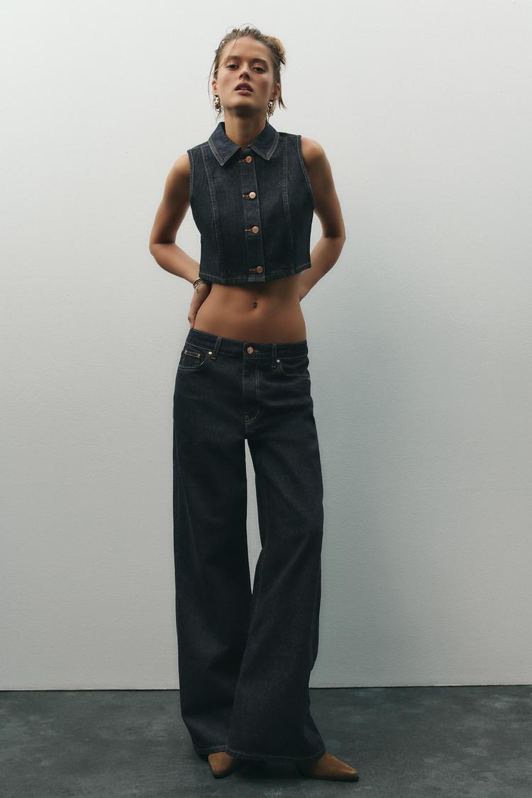 ENSEMBLE GILET SANS MANCHES Z1975 COURT EN DENIM | JEAN Z1975 BOOTCUT TAILLE HAUTE AVEC CEINTURE