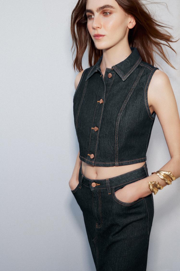 ENSEMBLE GILET SANS MANCHES Z1975 COURT EN DENIM | JEAN Z1975 BOOTCUT TAILLE HAUTE AVEC CEINTURE