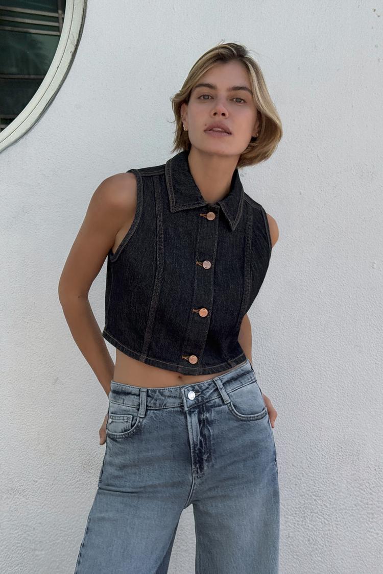 ENSEMBLE GILET SANS MANCHES Z1975 COURT EN DENIM | JEAN Z1975 BOOTCUT TAILLE HAUTE AVEC CEINTURE