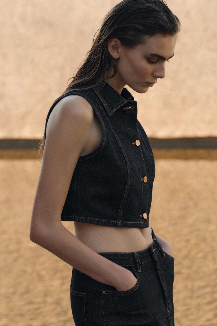ENSEMBLE GILET SANS MANCHES Z1975 COURT EN DENIM | JEAN Z1975 BOOTCUT TAILLE HAUTE AVEC CEINTURE