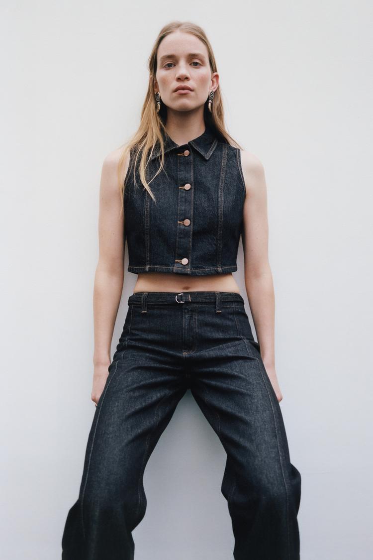 ENSEMBLE GILET SANS MANCHES Z1975 COURT EN DENIM | JEAN Z1975 BOOTCUT TAILLE HAUTE AVEC CEINTURE