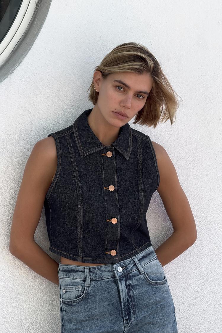 ENSEMBLE GILET SANS MANCHES Z1975 COURT EN DENIM | JEAN Z1975 BOOTCUT TAILLE HAUTE AVEC CEINTURE