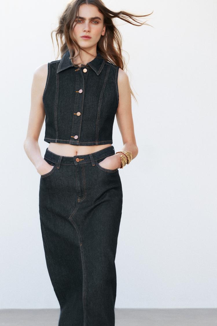 ENSEMBLE GILET SANS MANCHES Z1975 COURT EN DENIM | JEAN Z1975 BOOTCUT TAILLE HAUTE AVEC CEINTURE