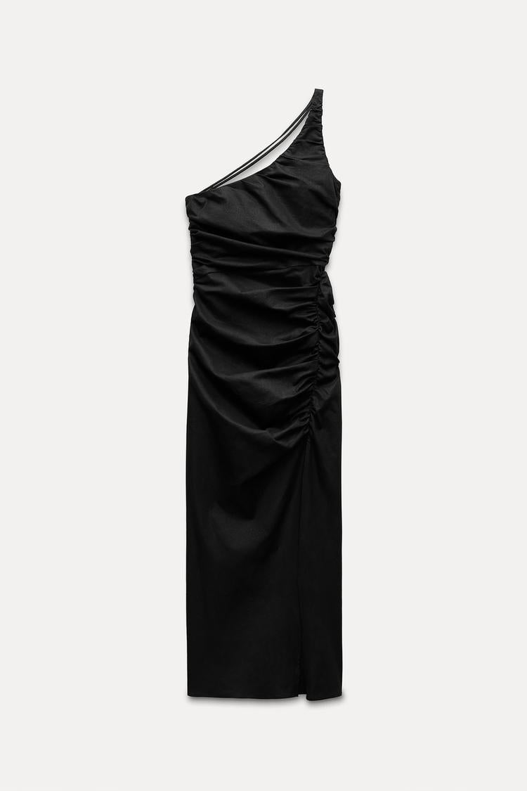 LINEN BLEND ASYMMETRIC MIDI DRESS