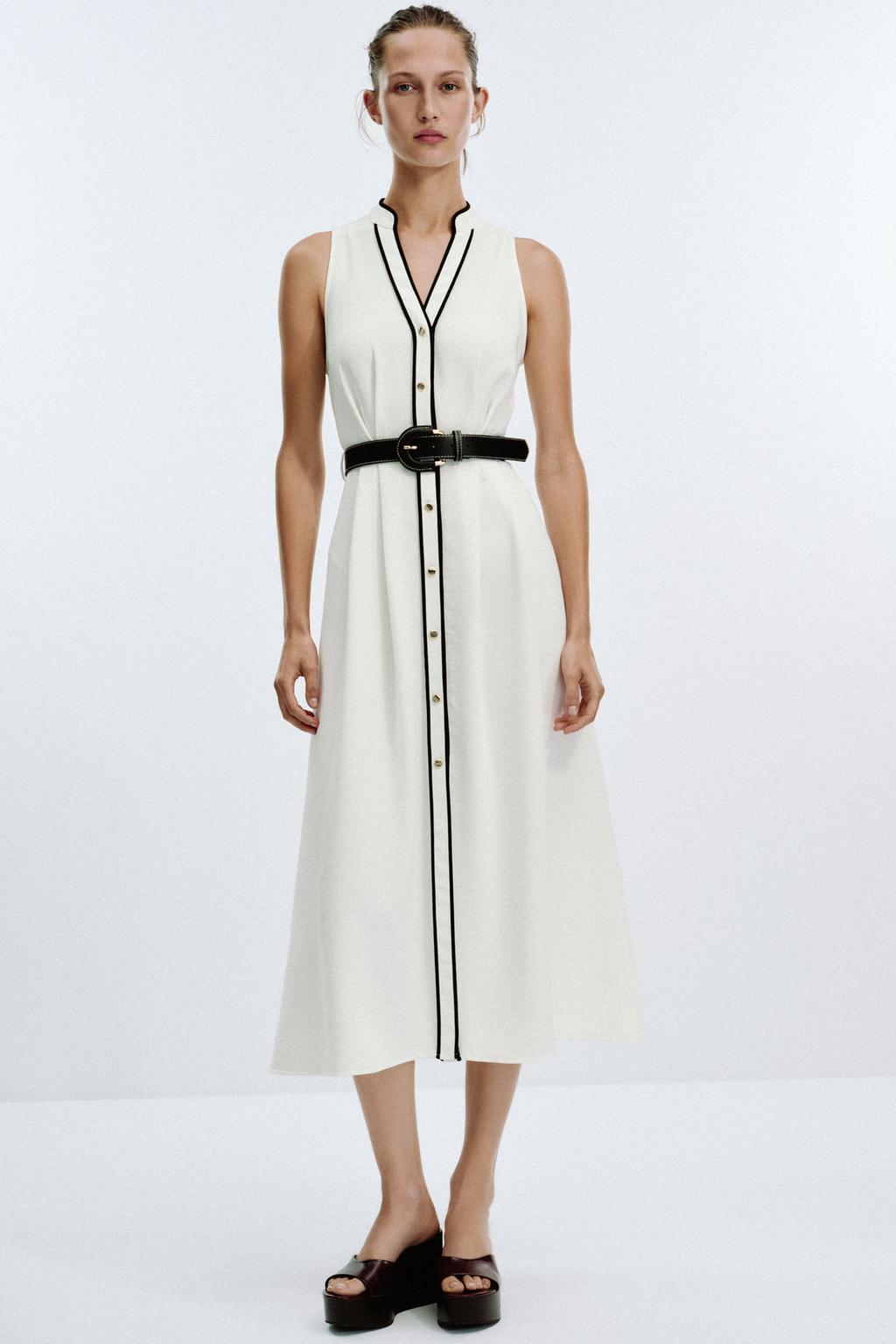 ROBE MIDI LISERÉS CONTRASTANTS CEINTURE