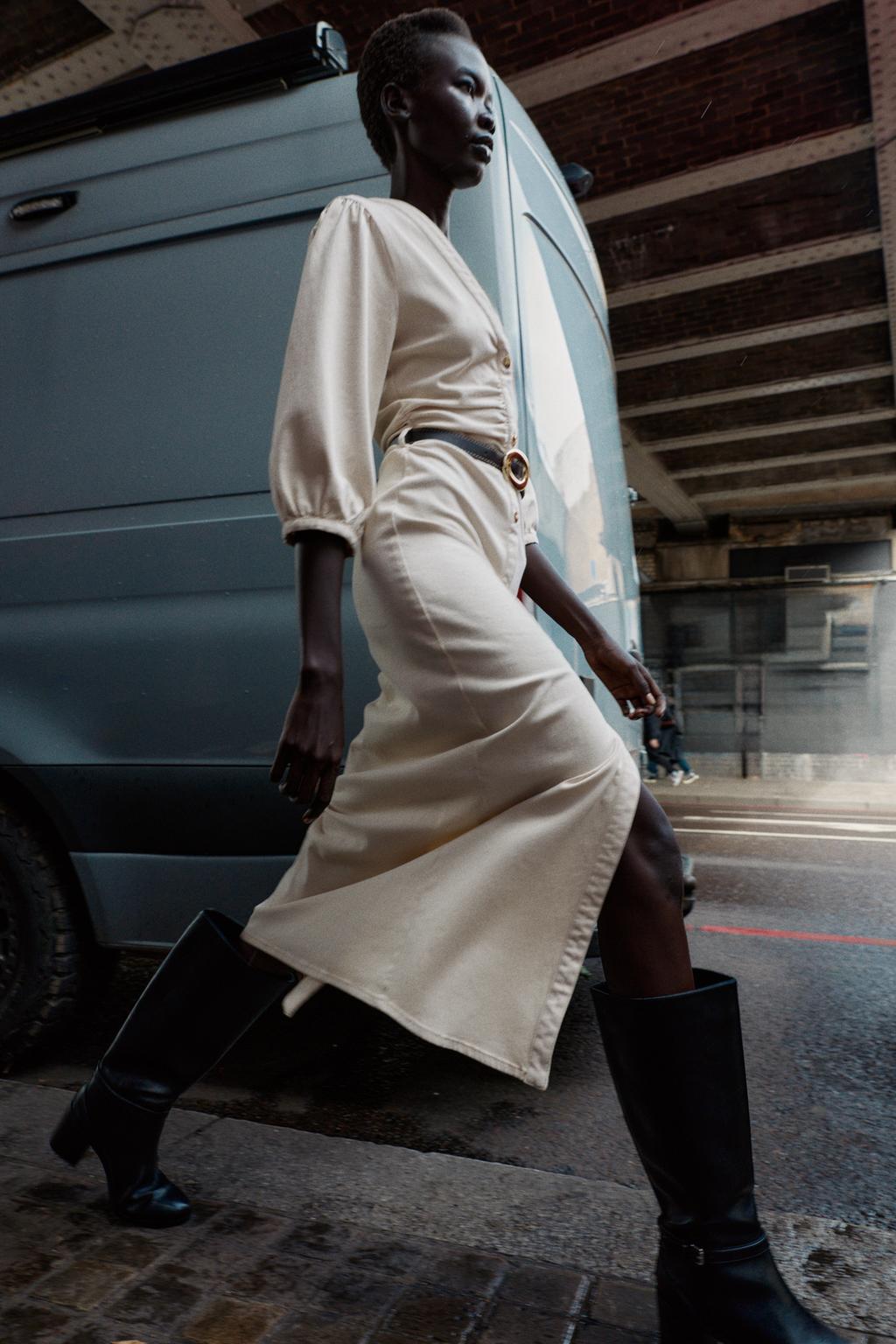ROBE MIDI MANCHES BOUFFANTES CEINTURE