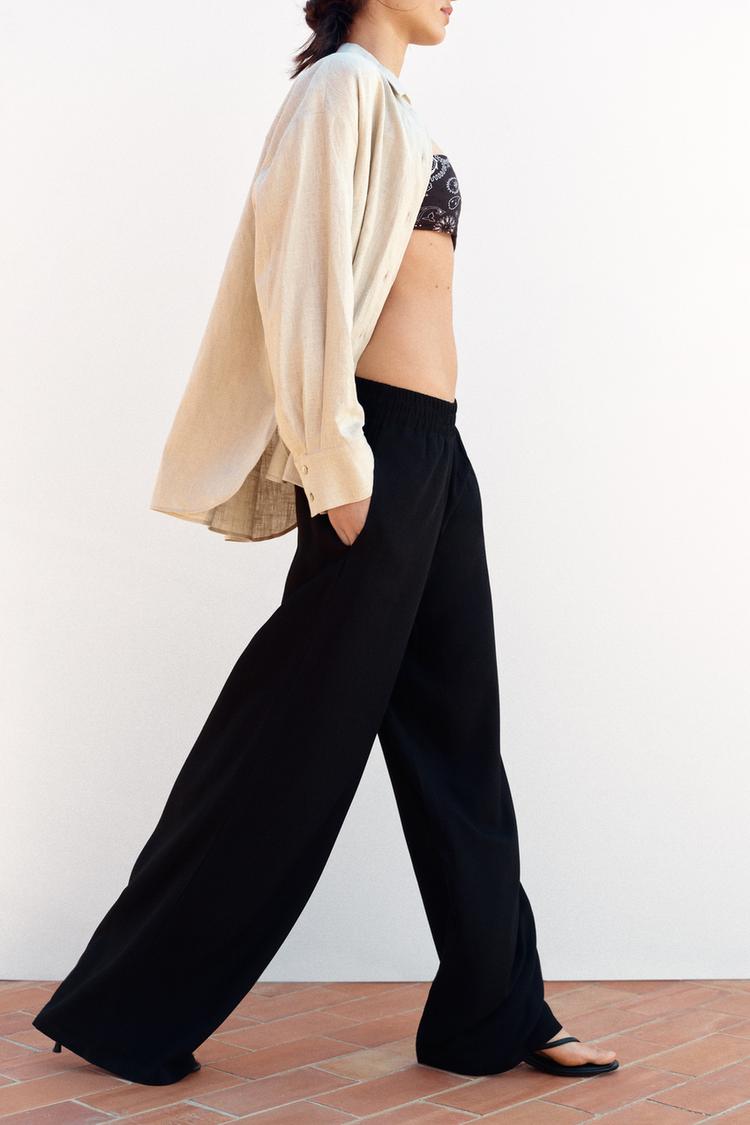 PANTALON LARGE EN LIN À TAILLE ÉLASTIQUE