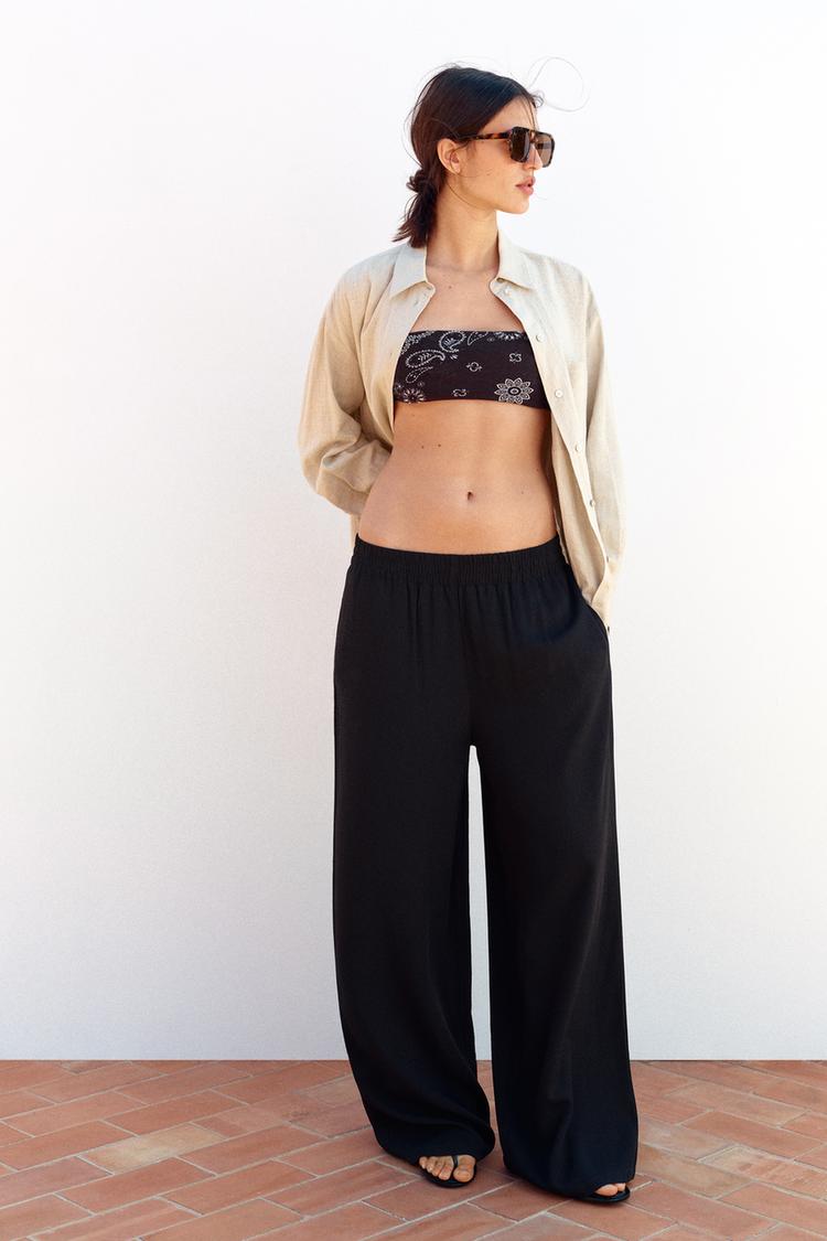 PANTALON LARGE EN LIN À TAILLE ÉLASTIQUE