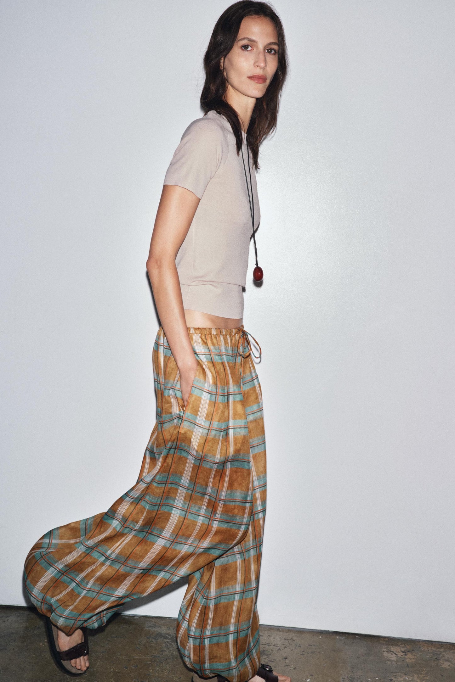 PANTALON BOUFFANT À CARREAUX EN RAMIE ZW COLLECTION