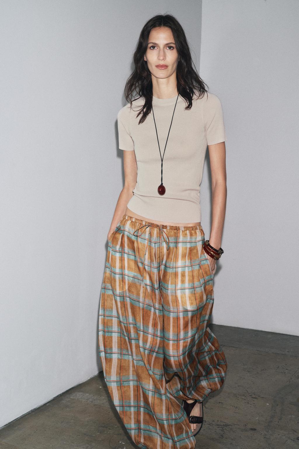 PANTALON BOUFFANT À CARREAUX EN RAMIE ZW COLLECTION