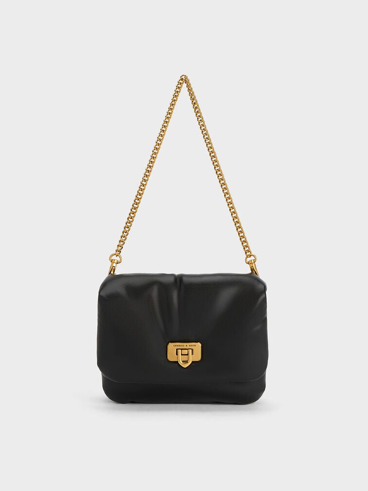 CHARLES & KEITH Paffuto Metallic Accent Chain-Handle - Black