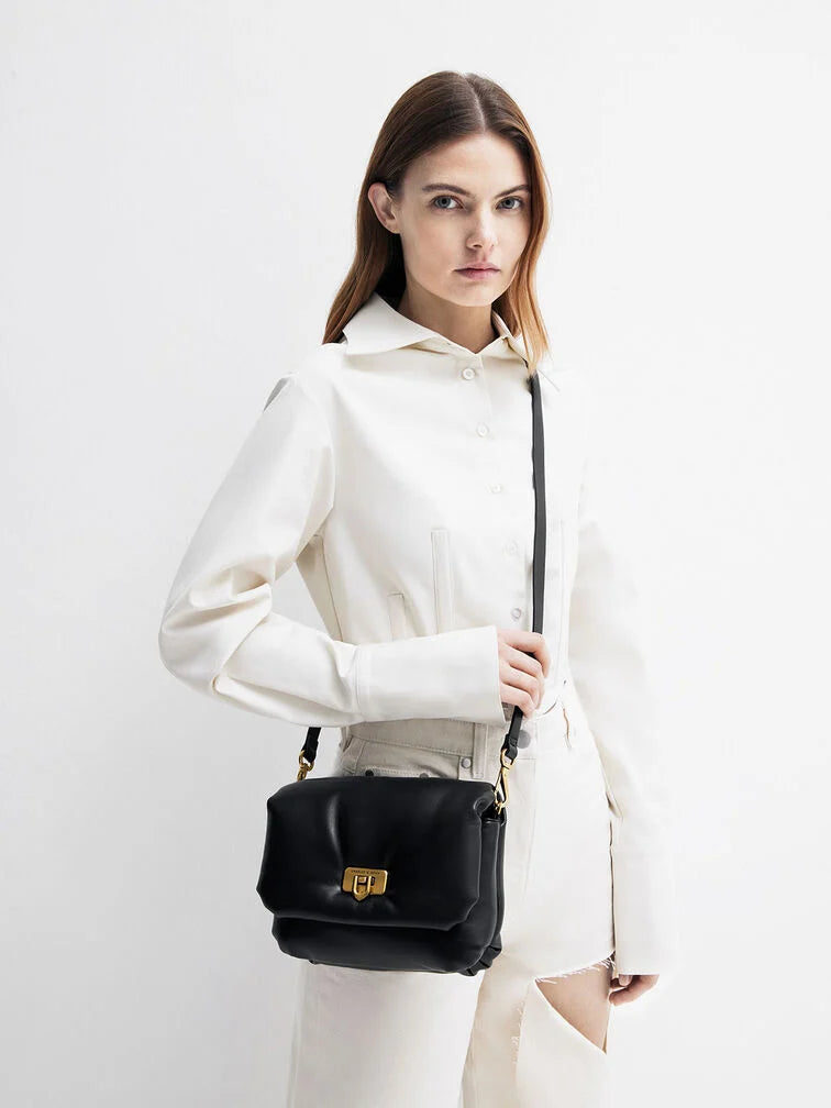 CHARLES & KEITH Paffuto Metallic Accent Chain-Handle - Black