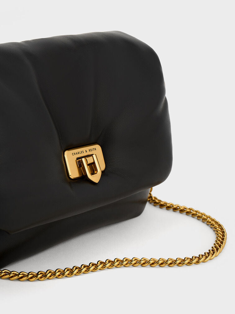 CHARLES & KEITH Paffuto Metallic Accent Chain-Handle - Black