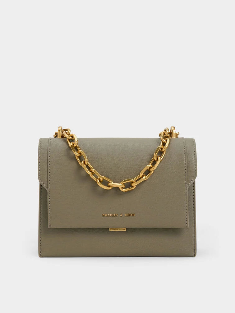 CHARLES & KHEITH Front Flap Chain Handle Crossbody Bag - Khaki