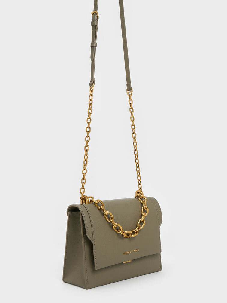 CHARLES & KHEITH Front Flap Chain Handle Crossbody Bag - Khaki