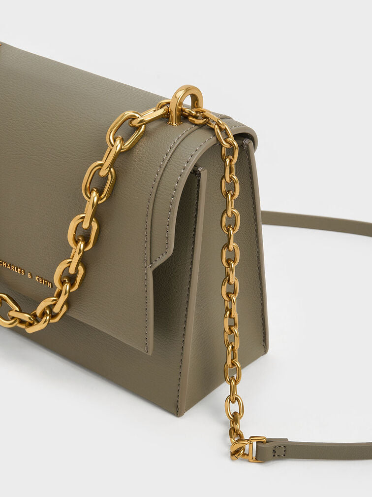 CHARLES & KHEITH Front Flap Chain Handle Crossbody Bag - Khaki