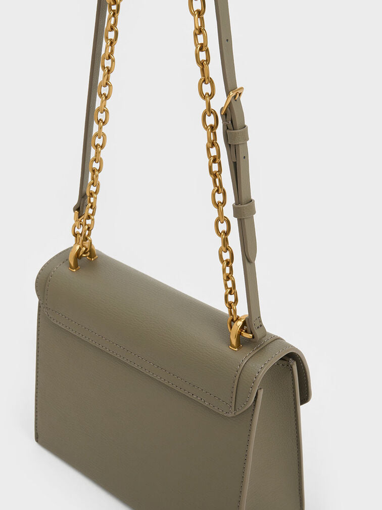 CHARLES & KHEITH Front Flap Chain Handle Crossbody Bag - Khaki