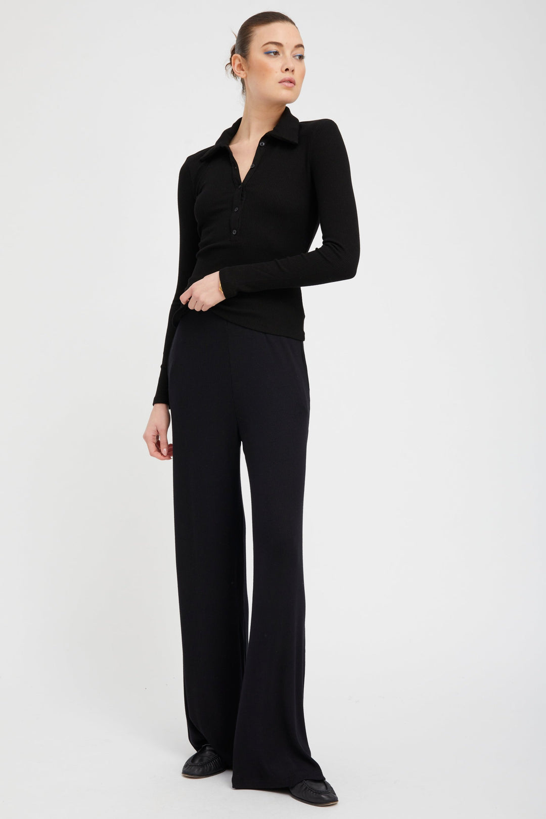 BLACK RIB WIDE-LEG PANTS