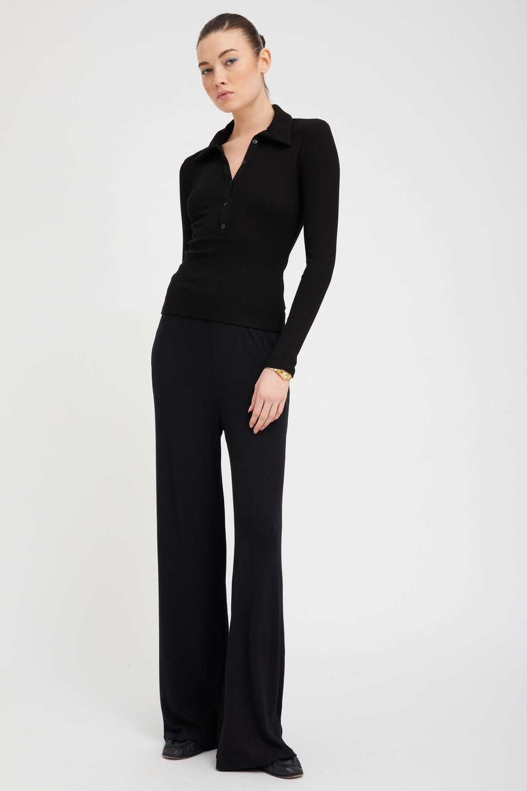 BLACK RIB WIDE-LEG PANTS